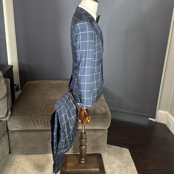 Men’s Blue Check Plaid 3 Piece Suit One Button Peak Lapel 30 Jacket 29 Pants NEW - Picture 3 of 16